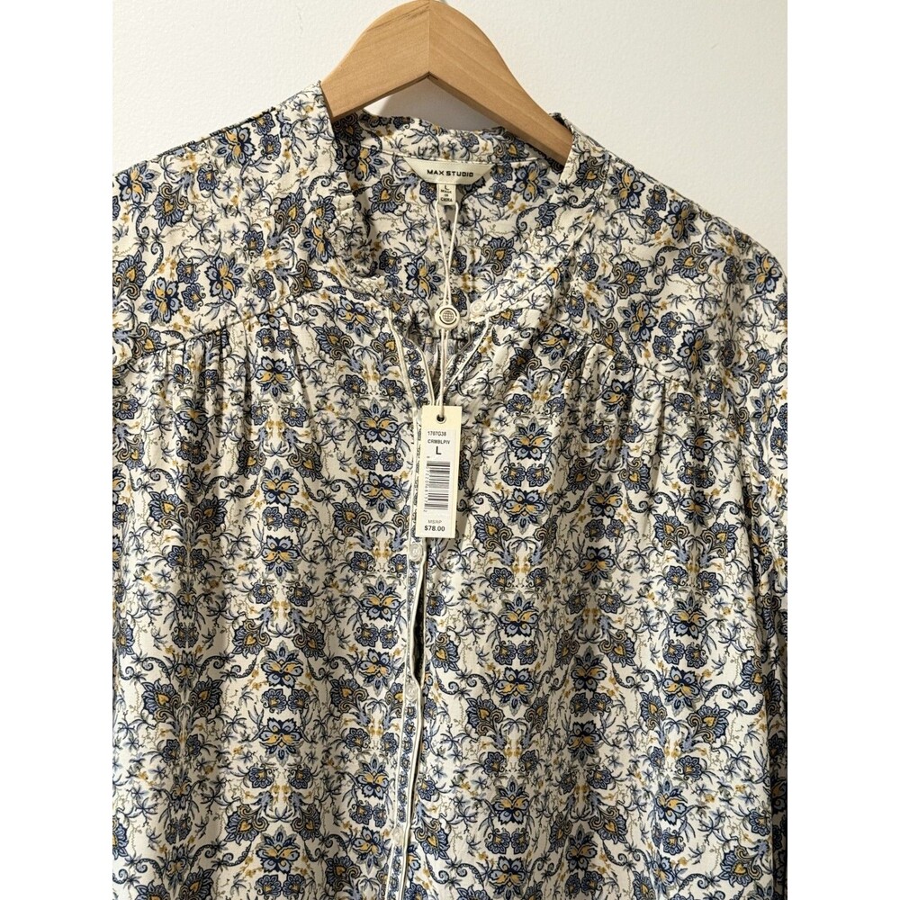 NWT Max Studio Floral  op Womens Sz L 3/4 Sleeve Button Peasant Resort Scandi - Picture 4 of 10